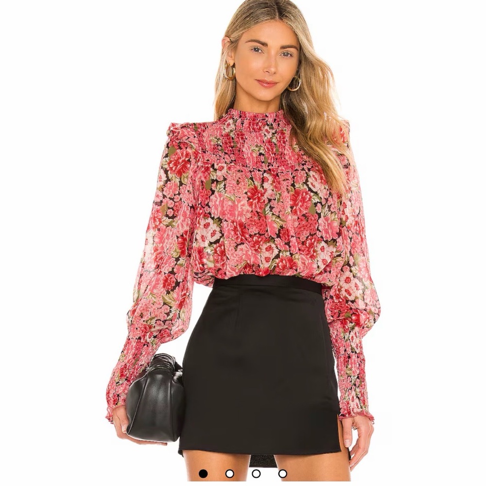 ✨🌸‎ Bardot Remi Pink Gardenia Floral Smocked Sheer Puff Sleeve Blouse Size 4🌸✨